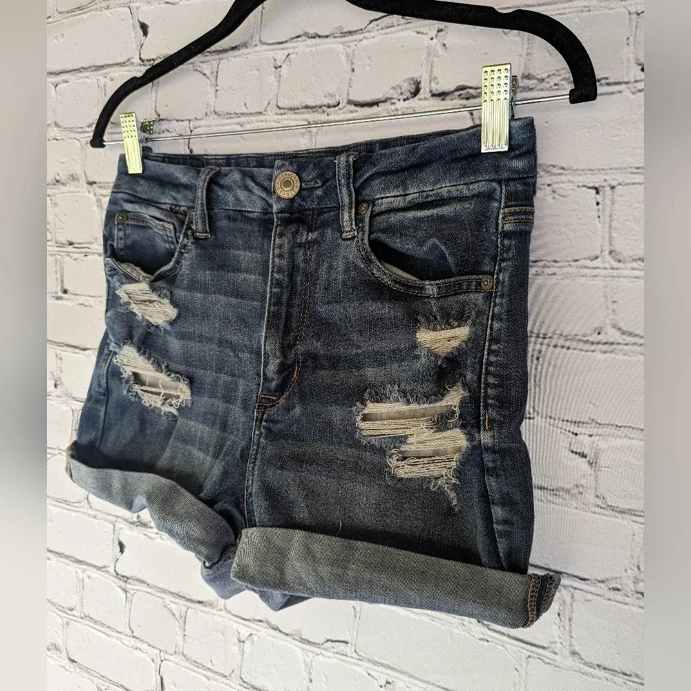 American Eagle Curvy Hi Rise Shortie Distressed Blue Jean Shorts 8 - Picture 2 of 5
